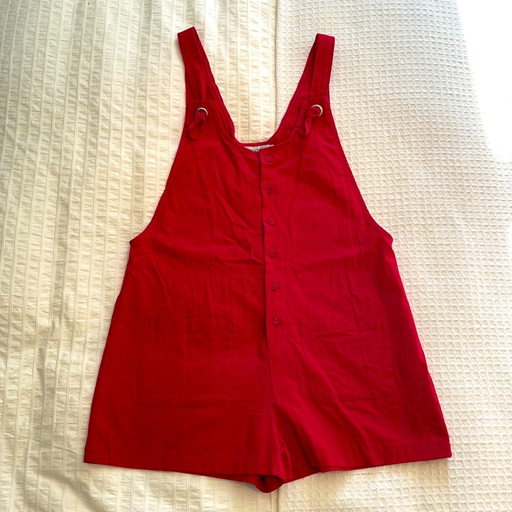Misslook button down red romper/short overalls with pockets, tie straps, size L